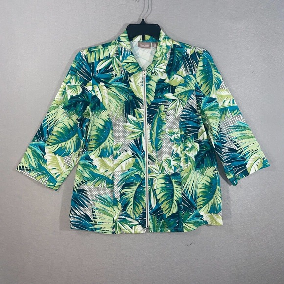 Chicos Jacket Womens 2 Green Blue Floral 3/4 Sleeve Full Zip Up Collared Casual - Picture 1 of 15
